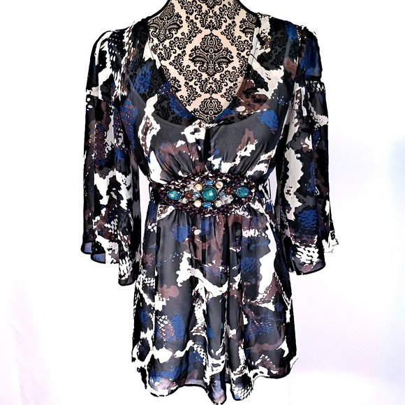 ECI Jeweled Waist Angel Sleeve V Neck Chiffon Tunic Blouse 6 - Picture 2 of 5